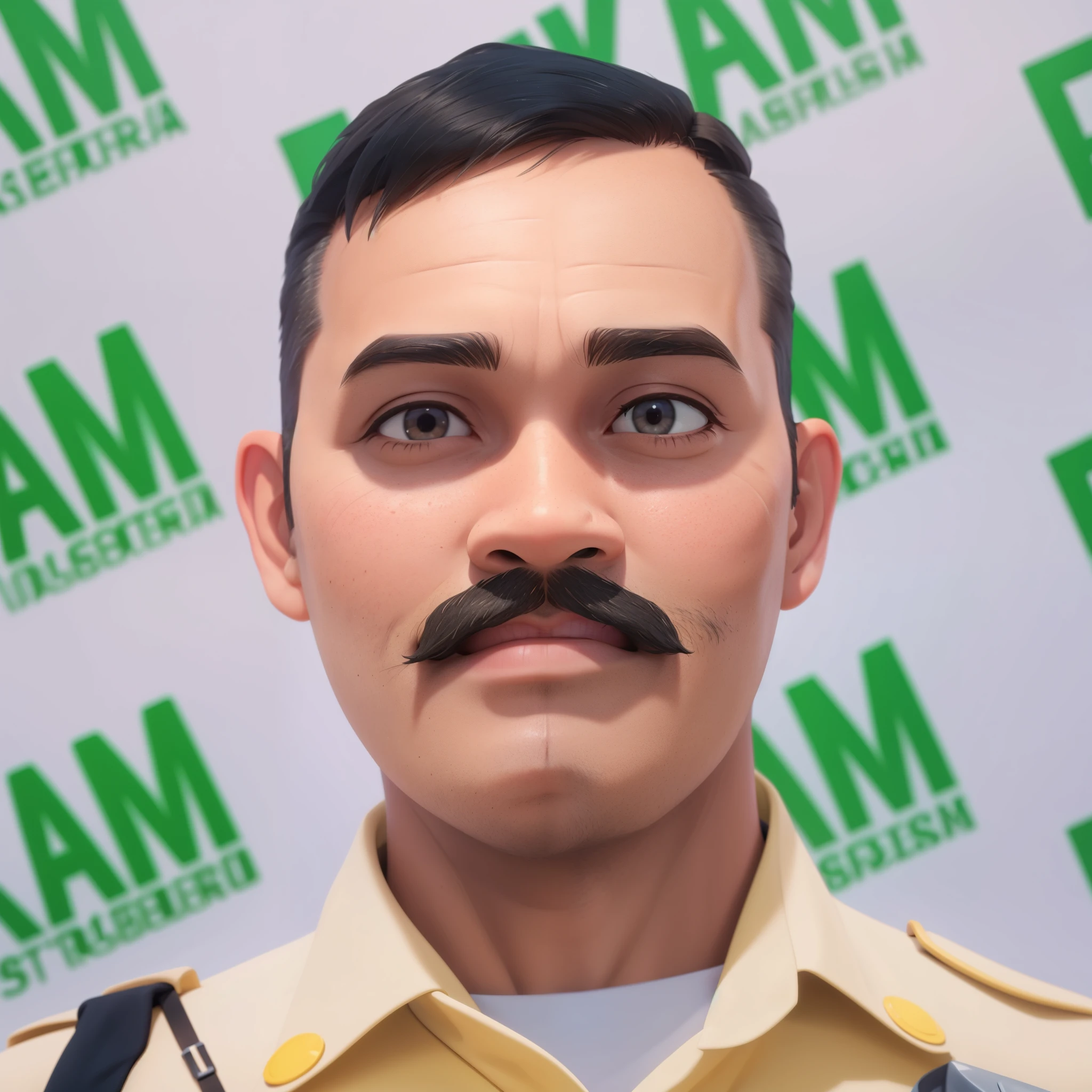 A man, with a mustache, Wearing security officer clothes, half body, smiling cheerfully, 3D cartoon, realistic, detailed,