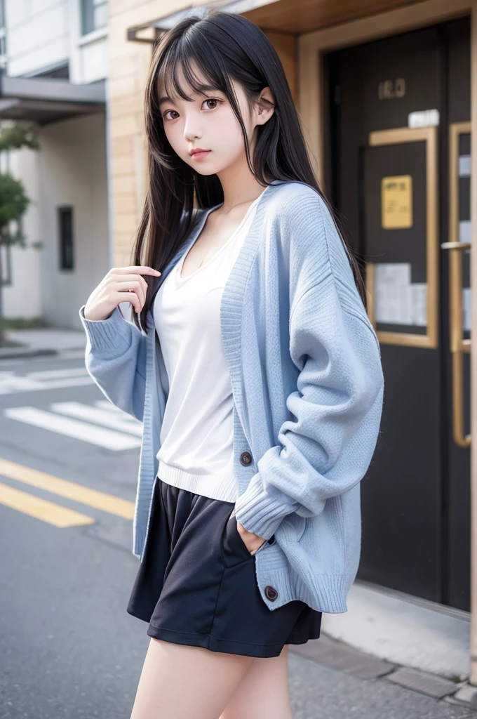 A shy and delicate high school girl in an oversized cardigan and short pants outfit。Straight super long hair。Amaenbo。