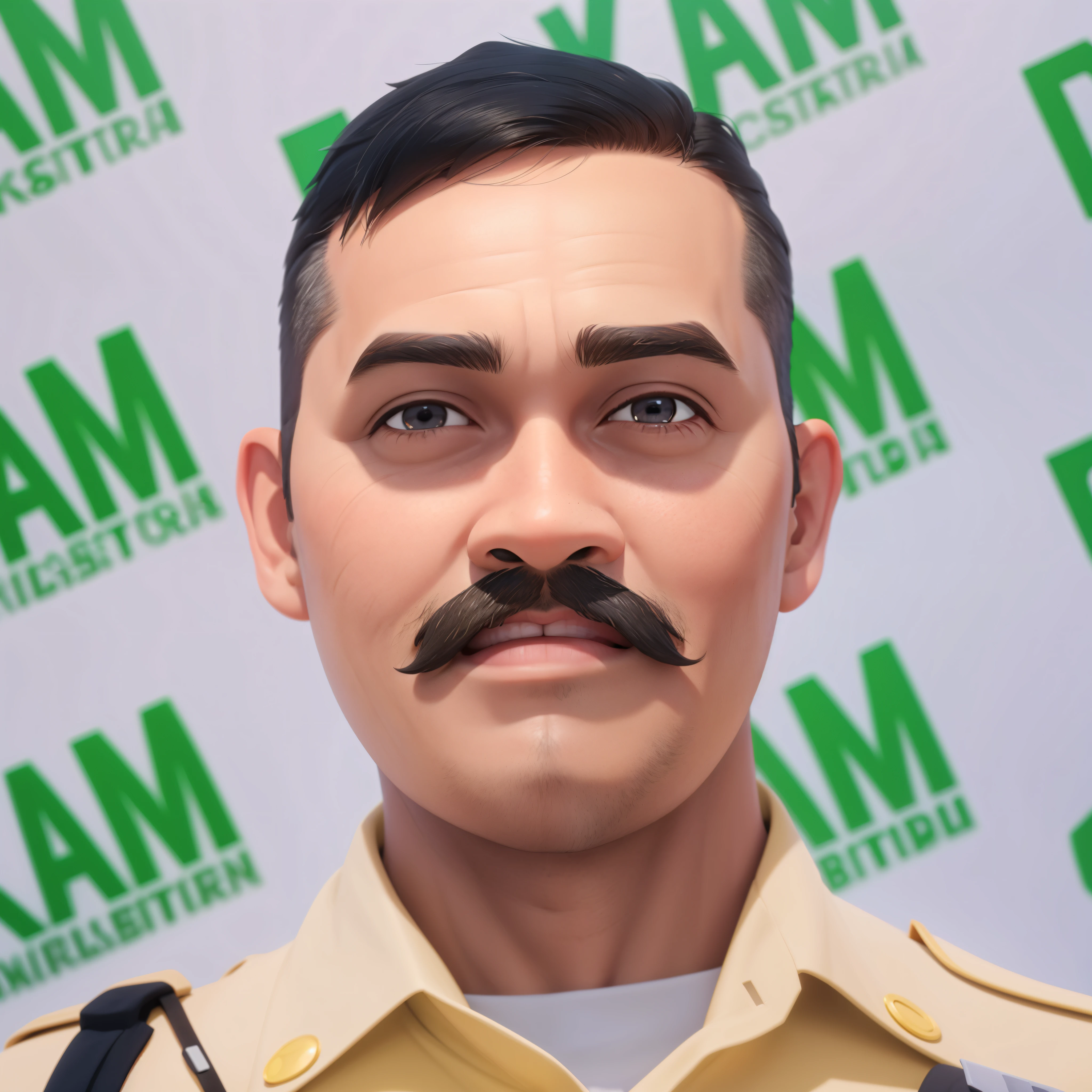 A man, with a mustache, Wearing security officer clothes, half body, smiling cheerfully,  3D cartoon, realistic, detailed, 
