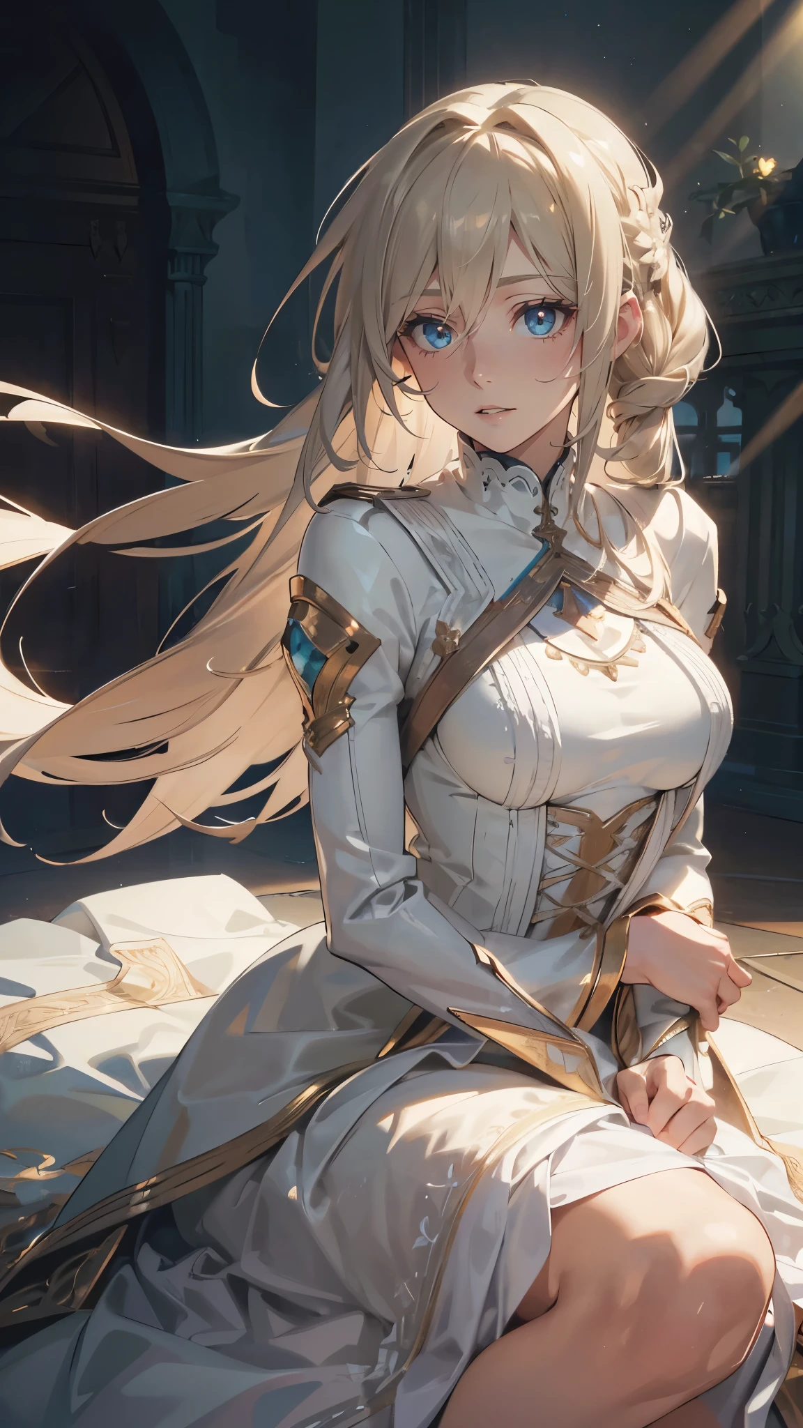 Photorealistic:1.5, Beautiful woman, extremely long hair, white blonde hair, blue eyes, (masterpiece:1.3), (best quality:1.3), high-resolution, Head-on angle, Body facing forward, solo, beautiful detailed eyes, shadow lighting, beautiful detailed glow, best illuminate, (((best quality, textile shading, ultra detailed))), extremely detailed CG unity 8k wallpaper, Highly Detailed beautiful and aesthetic, best light, high resolution, detailed, dynamic lighting, 1Character, cell shade, soft, muted shades, gentle colors,