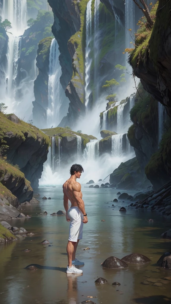high resolution, ultra realistic and artistic, akira style, person in more modern and elegant attire, most muscular man, bright coloured, wearing no shirt, man and nature, stronger colors, White sneakers, looking at the waterfall