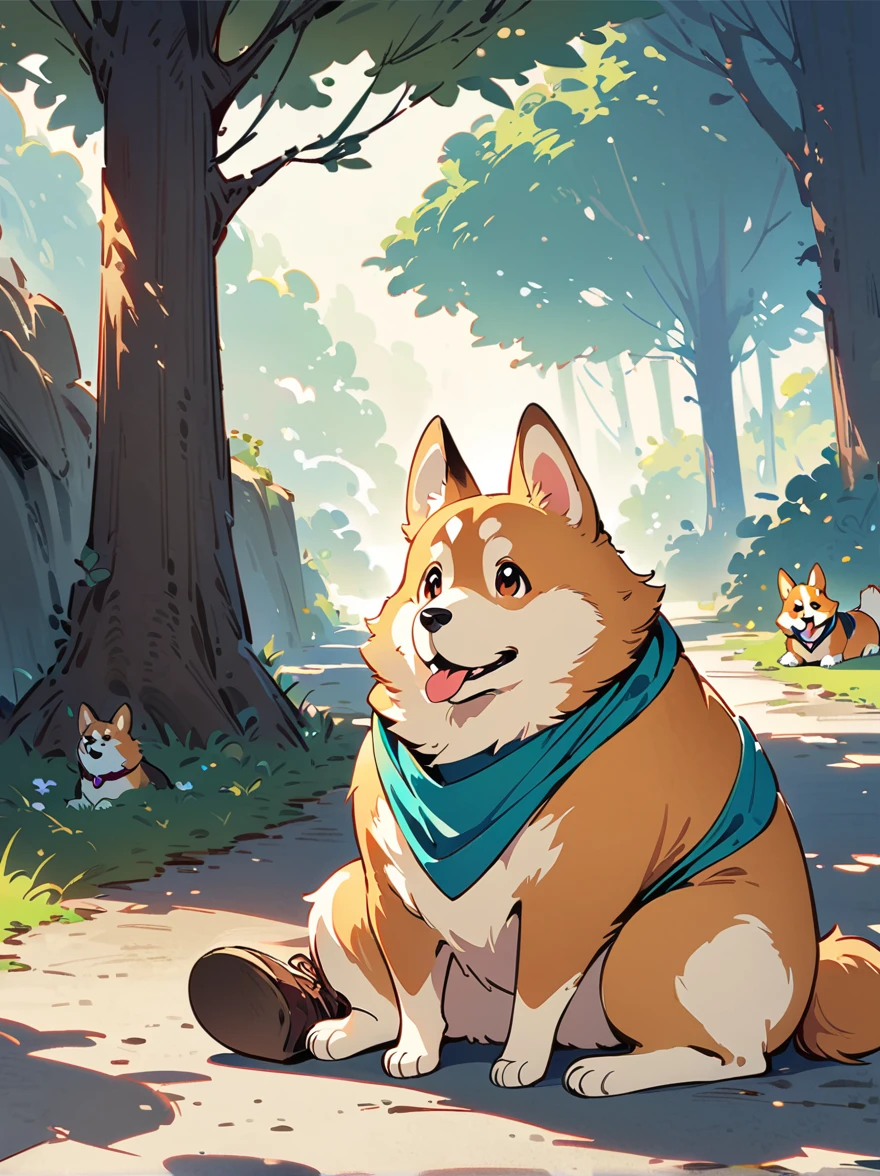 masterpiece, best quality, high res, concept art, corgi, sit under tree, outdoor, sunny sky, 8k, cinematic lighting, vibrant colors, male focus