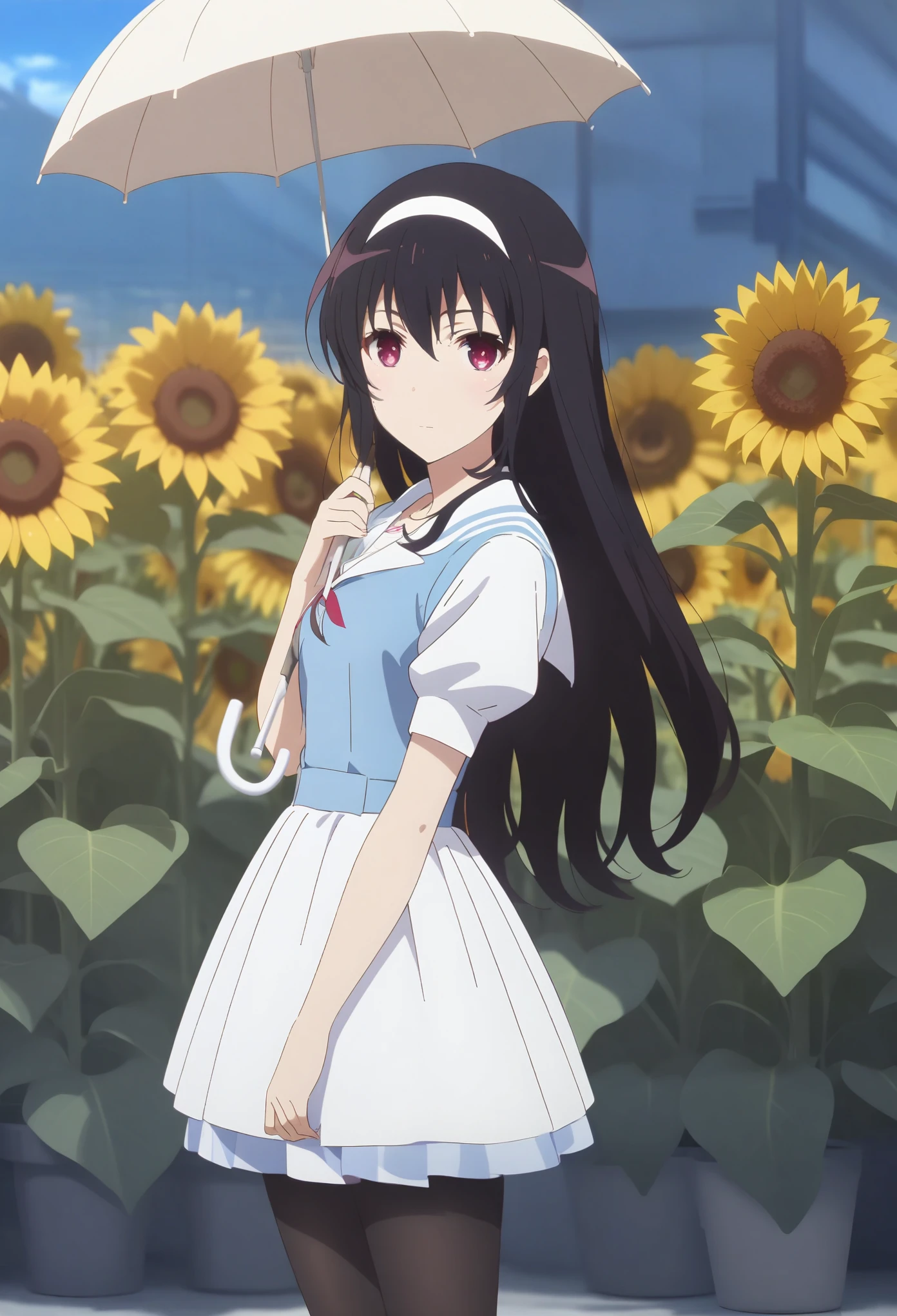 Wearing a white dress、Anime girl wearing a black hat standing in a sunflower field, Holding a white umbrella，Beautiful sunflower anime girl, high quality anime movie still,Anime style, Black-haired girl，individual