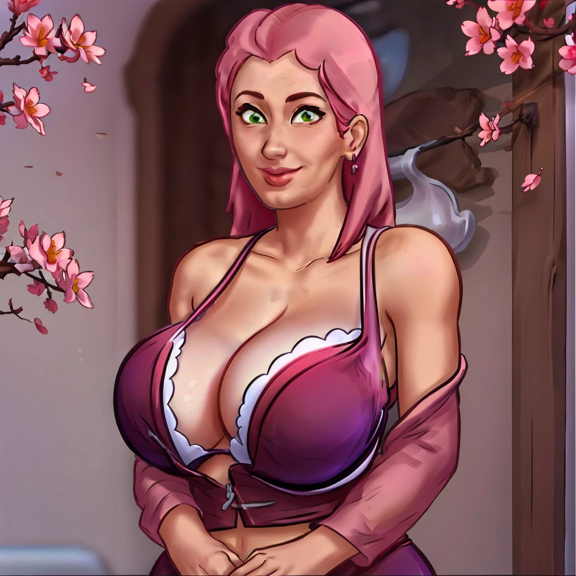 (((roupa sexly))), Masterpiece artwork， The best quality at the best， 1 ， sakura haruno， (((Breasts huge)))，((bared shoulders))，（((((decolletage)))))，（close-up of the upper body)，sexly，Is shy，ssmile，with pink hair， long, off-white hair， （greeneyes:1.4)， Forehead protection， the cherry trees，Cherry blossoms flying, ((((busty figure)))), :1.1, :1.1, ahegao:1.1,(huge tits)