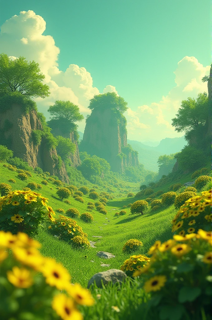 splarpunk, lots of saturated green like spring, sunny, juicy colours. Makke it futuristic, include small robots. Triving place, far distance, detailed