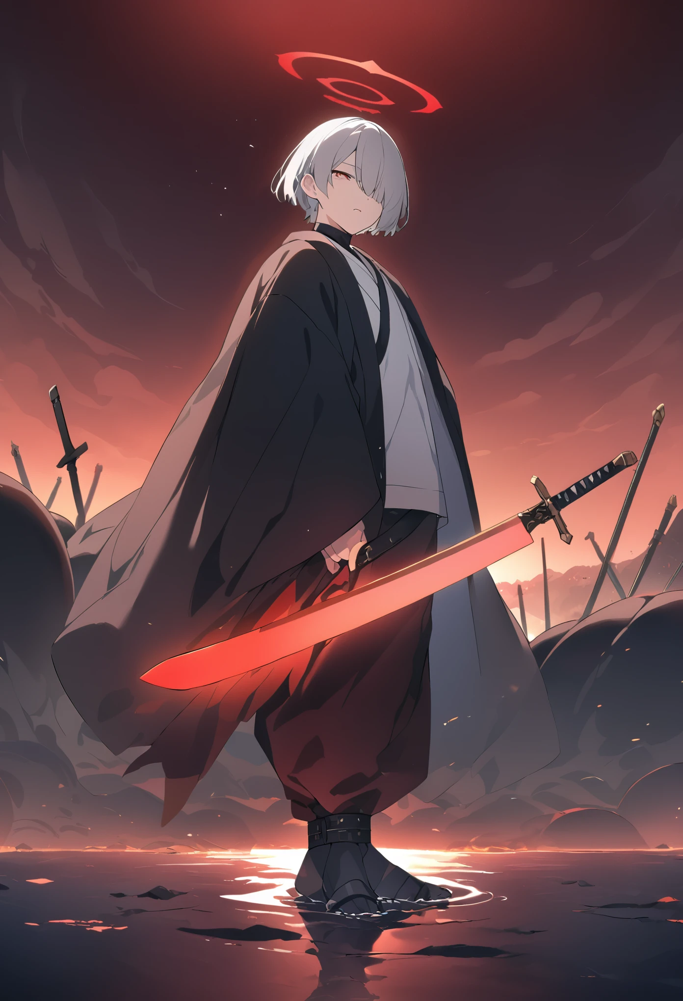 (Highest quality),8k,High resolution, male,youth,Young Boy,Boy in his late teens,Grown-up boy,Okabo Hair,Bobcut,Cropped hair,whole body,Fullsize,Full Body,肩でCropped hair,Gray Hair,Beautiful mouth,White kimono,male用の和服,Wearing a black robe,Black jacket,手足に付けられたRestraints,Restraints, A glowing sword floating around,A Japanese sword that emits a dull glow,Dark, stagnant water surface,Crimson sky,Bright red halo,A halo of swords floats in my mind, Behind him is a faceless, dark red giant.,Faceless Giant