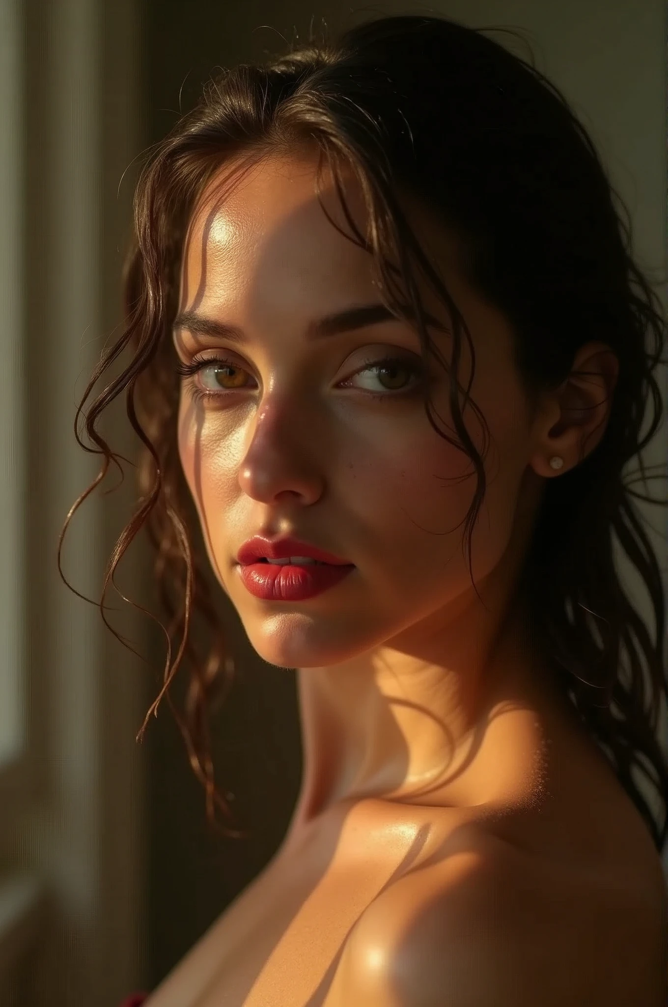 a hot lady, bare shoulder, sweaty skin droplets, shoulder off, red lips, wet hair, medium shot