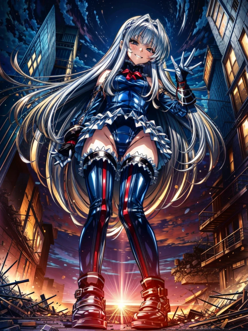 Perfect Anatomy, Highest quality, marirose,Wicked Smile,Provocative attitude
,(Girls greet dawn on a pile of rubble:1.1),Wicked Smile,Anime Style,(Frilled swimsuit, Knee socks, Removed sleeve), (Anime Style:1.4) ,
Silver Hair,(White fingers:1.1,Black gloves),Very long hair,Evil Aura,(from directly below:1.4),full body