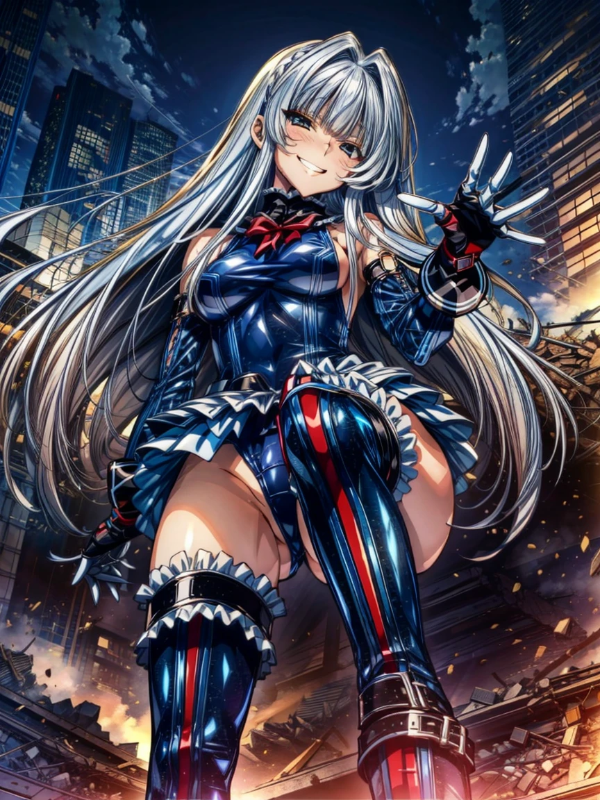 Perfect Anatomy, Highest quality, marirose,Wicked Smile,Provocative attitude
,(Girls greet dawn on a pile of rubble:1.1),Wicked Smile,Anime Style,(Frilled swimsuit, Knee socks, Removed sleeve), (Anime Style:1.4) ,
Silver Hair,(White fingers:1.1,Black gloves),Very long hair,Evil Aura,(from directly below:1.4),full body