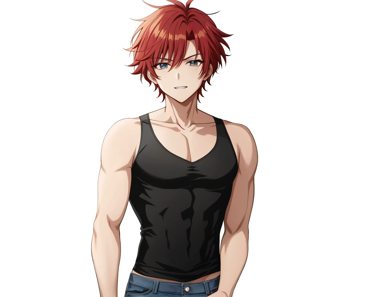 足を組んで床に座っているレッドの髪のAnime Boys, Anime Boys, Anime Styleキャラクター, clothing:Black camisole, boy wearing denim shorts, Anime Styleで, Anime Style, Anime Style, Muscular man, Knight of Zodiac Boy, with short red hair standing on end,, In anime style, Masculine and muscular, Bare Arms, Bare shoulders,