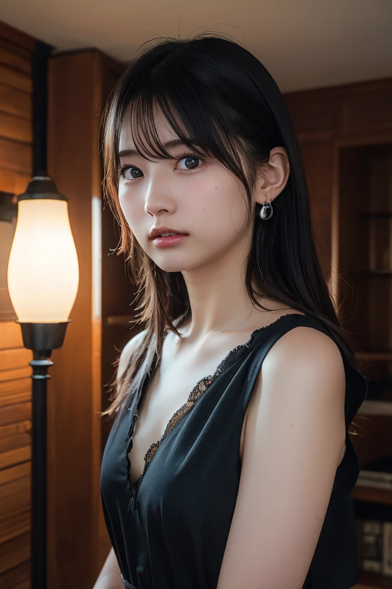 (Highest quality:1.4)，(masterpiece:1.4)，(Realistic:1.4)，(Realistic:1.2)，(超High resolution， RAW Photos:1.4)，(High resolution， Ultra-detailed:1.2)，(8k:1.2)，View your viewers，Cinematic photography，One girl，skeletally correct，Black-haired woman，Woman in her early 20s，(Small earrings，neckレス，Black dress，Ｖneck，No sleeve)，（Western-style building interior，Dimly lit room，The lamplight shines on my cheeks）