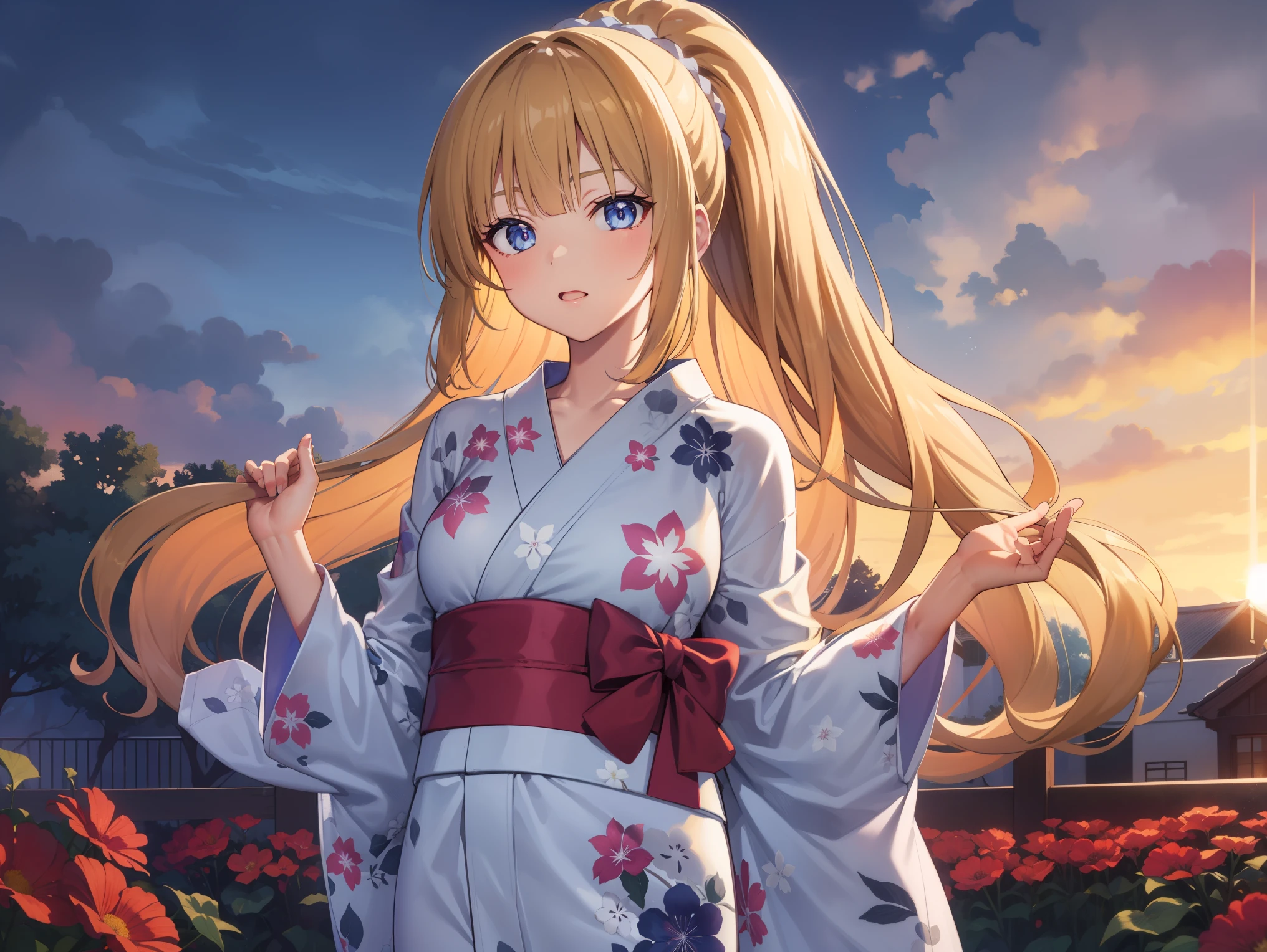 1girl, KeiKaruizawa, ponytail, hair scrunchie, 
BREAK (cotton yukata:1.2)
BREAK Standing in the middle of a flower garden, outdoor, wedding, The sky is beautiful, Both hands hold a bouquet of flowers, View viewers from the front, Head tilt,
BREAK (masterpiece:1.2), best quality, high resolution, unity 8k wallpaper,NSFW ,(illustration:0.8), (beautiful detailed eyes:1.6), extremely detailed face, perfect lighting, extremely detailed CG, (perfect hands, perfect anatomy),