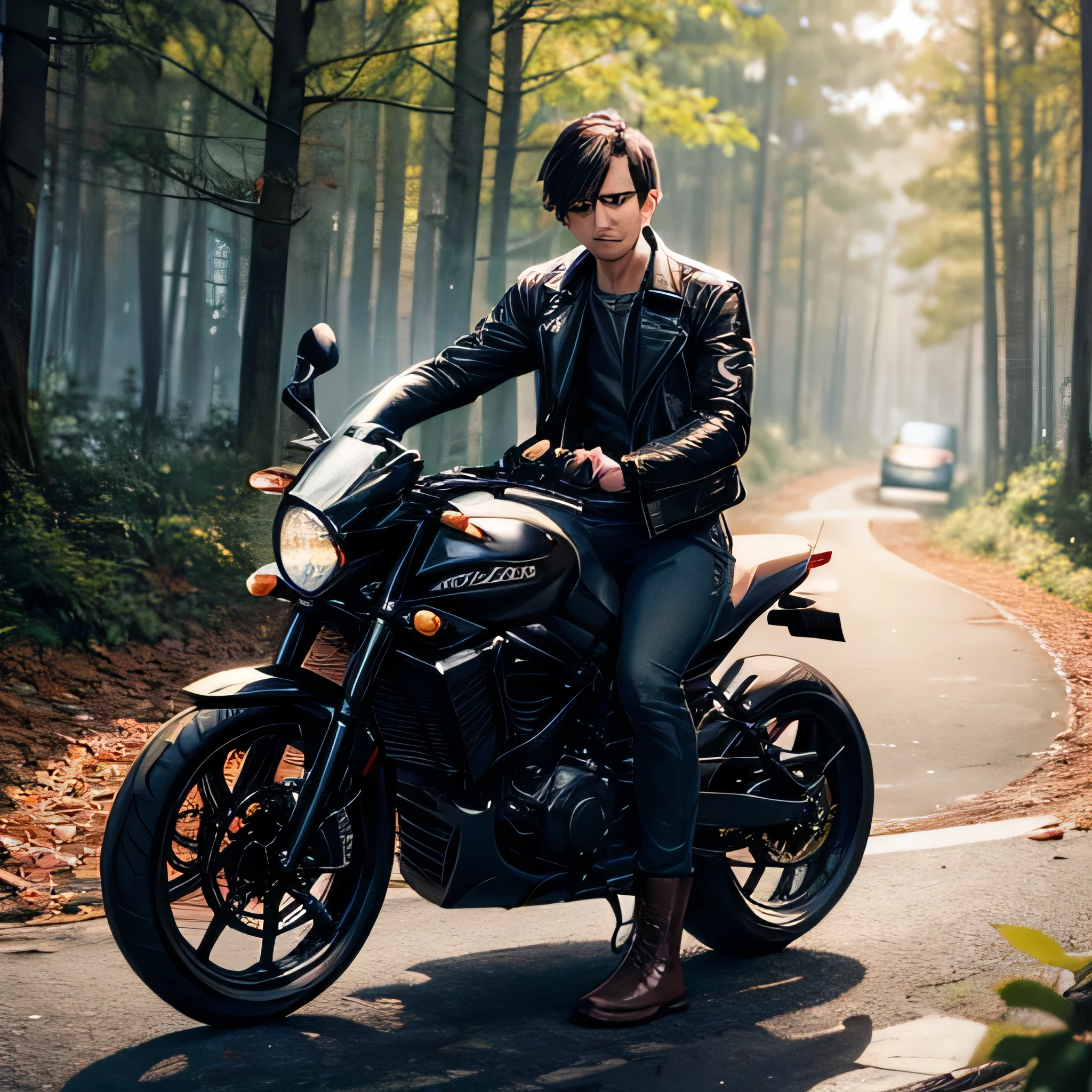 naughty man, 27 year old , Dark Brown Short Hair, black leather jacket, black jeans pants, driving car, track with dense forest around, com nevoa, Brown Shoe, detailed face 8k