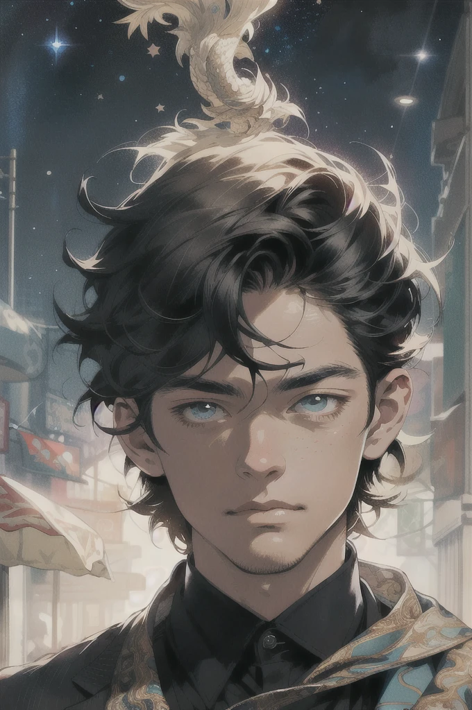 Realistic, (masterpiece, top quality, best quality, official art), very detailed, colorful, most detailed, gods, short hair, black hair, (magic), handsome man, starry sky, winter, snowfield