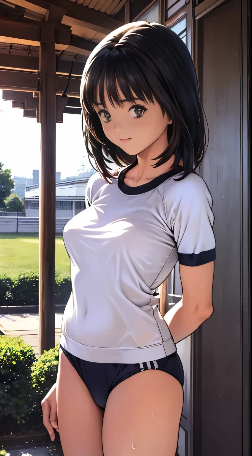 (Two high school girls facing each other)、Two Women、Realisticistic beautiful female student、16 years old、Amazingly beautiful、smile、Beautiful body、(Highest quality、8k、32K、masterpiece、Hmph:1.3)、Ultra-high resolution,(Realistic:1.4),RAW Photos, Detailed face,,Beautiful Hair,, ,Very short hair 、Very short hair、Amazingly beautiful二重まぶた、 Natural Makeup,, Small and perfect breasts, Wet Hair、Detailed Background, Perfect lighting, Written boundary depth, Beautiful shadow gradation、Thin limbs、Thin thighs、(whole body)、(Bloomers, Bloomersー(old japanese gym clothes))、Beautiful slim perfect body、Beautiful high nose、Side view、Mid-chest、Bloomersー、Drenched in sweat、(Yoshizuki Iori)、Outdoor、Schoolyard、ground、Schoolyard