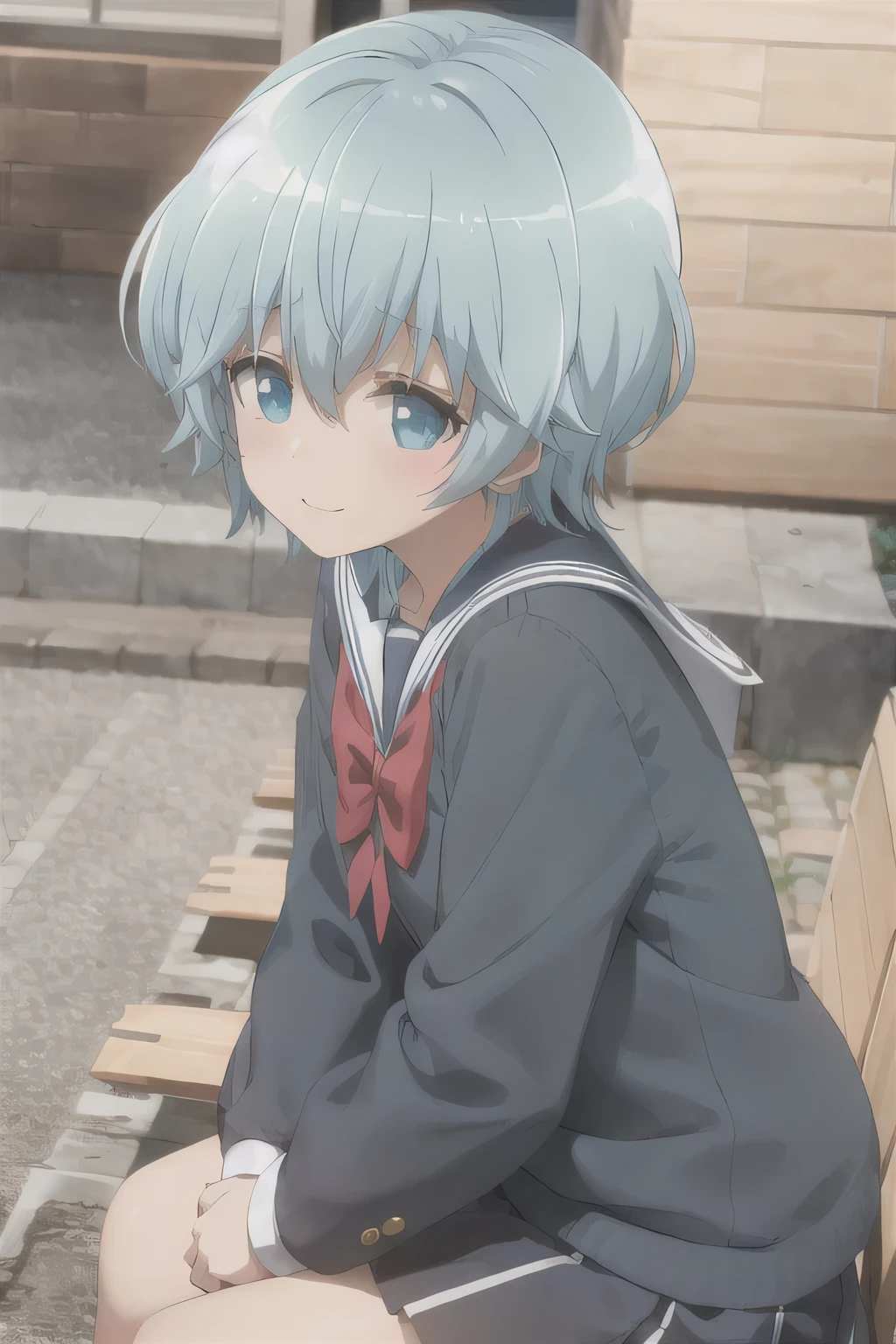 Sailor school uniform,Acting cute,Park seating,Blue Hair