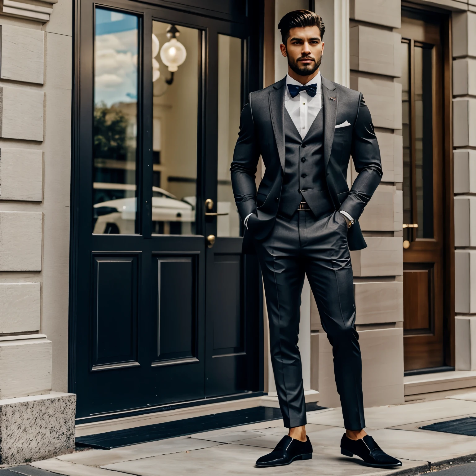 Full body view, Mr. Mason Wolf, a handsome and slender roguish dapper thief with brownish-grey fur, yellow eyes, a distinctive dark snout, and thick black eyebrows, dressed in an off-white blazer and suit pants, crisp white shirt, and brown Oxford shoes, off-white sheer socks, exudes a charming yet gritty aura while his tall, muscular yet slim build and well-groomed fur accentuate his roguish dem