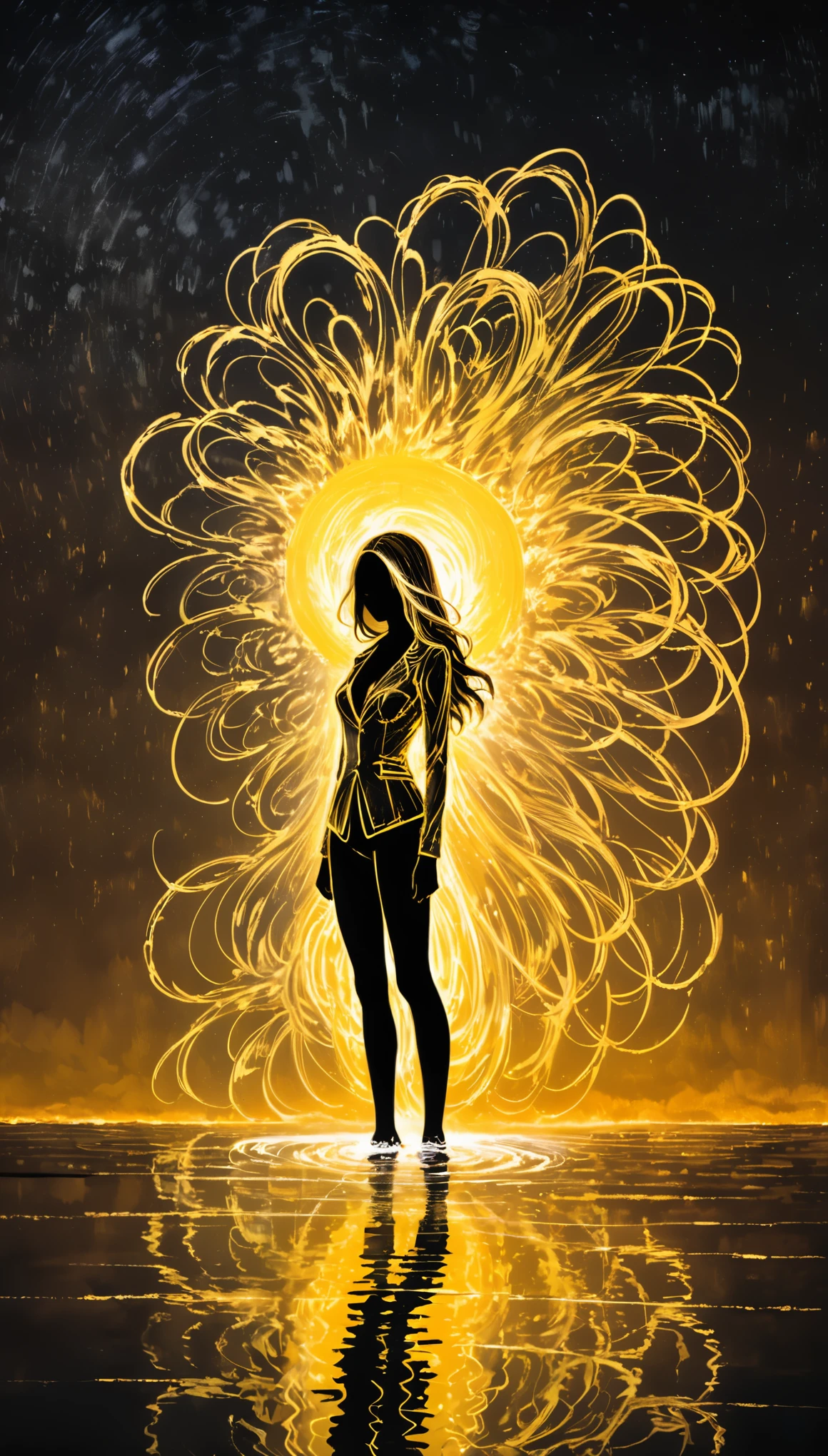in style of Albert Pinkham Ryder,in style of Bruce Nauman
character concept design,1girl,half body,incredibly long hair,light painting,time-lapse photography,{diffuse gradient:1.3},{colorful heart:1.2},golden suit,(gravure_pose:1.8),night,reflection,water surface