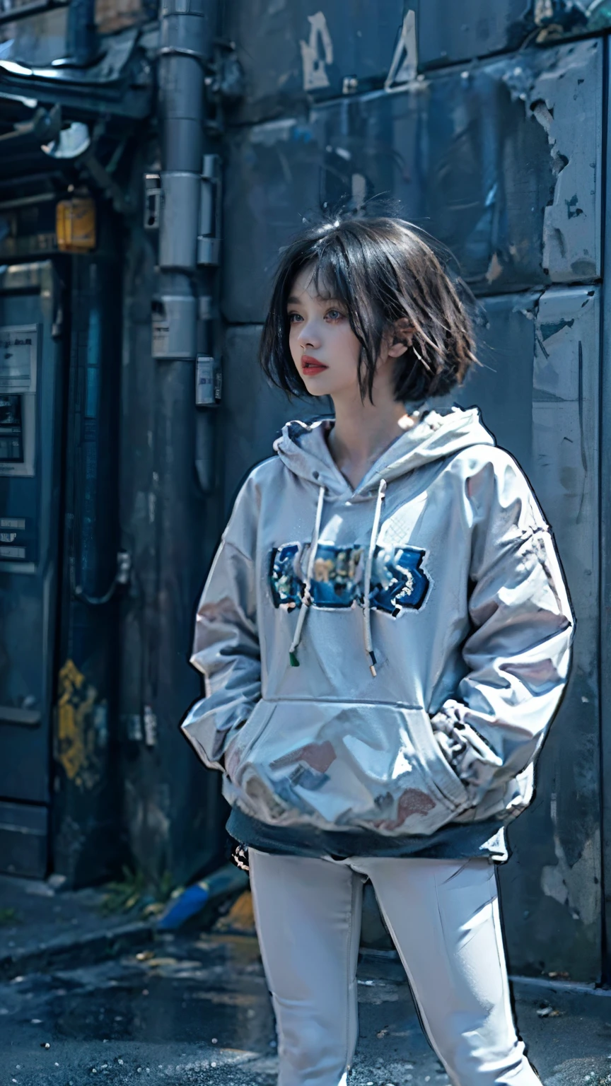 (((Highly detailed CG unit 8k wallpaper:1.2、masterpiece、High resolution:1.2、Highest quality:1.2、Masterpiece)))、((Very beautiful woman、Hands in pockets:1.8、Grunge Fashion:1.2、Wearing a hoodie:1.2、Wearing white leggings、Wearing shoes))、((Highly detailed face、Highly detailed black eyes、Highly detailed body、Highest qualityのリアルなテクスチャ スキン))、(Black Hair、Bobcut、De Pere Blanca、small)、((colorful geometric pattern wall、Colorful wall))、Ultra-Realistic Digital Painting、scenery、rain、Upper Body、Close-up of face、Close-up shooting、Looking up、profile、Looking up at the sky。