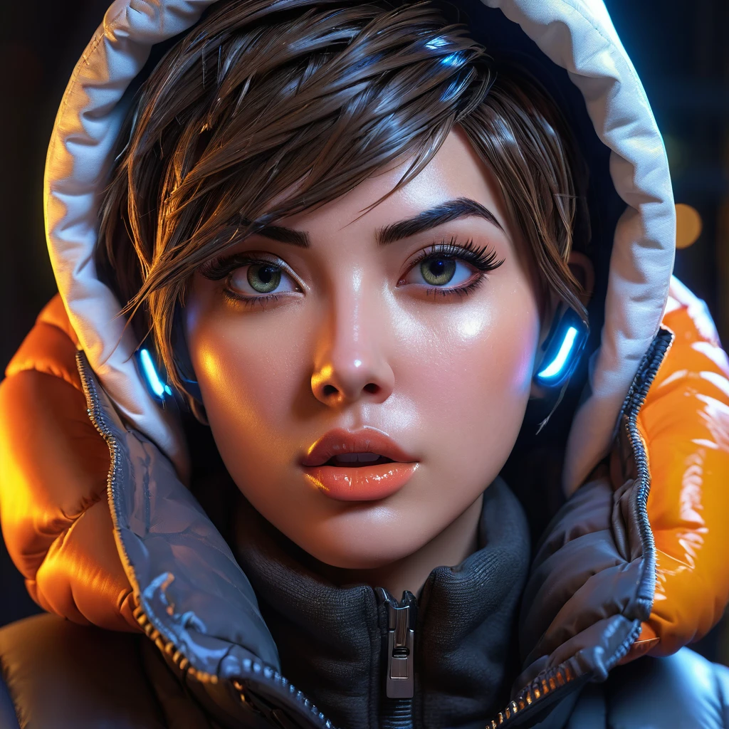 Tracer from Overwatch, trapped inside her fully zipped, super gleamy, overfilled, overinflated, thick, glossy puffer jacket, beautiful detailed eyes, beautiful detailed lips, extremely detailed eyes and face, long eyelashes, 8k, realistic lighting, volumetric lighting, cinematic lighting, dramatic lighting, dynamic pose, dramatic expression, neon cyberpunk style, intricate details, hyper-realistic, 3D rendered, highly detailed texture, glossy material, extreme realism, striking colors, vibrant colors, deep shadows, full body shot