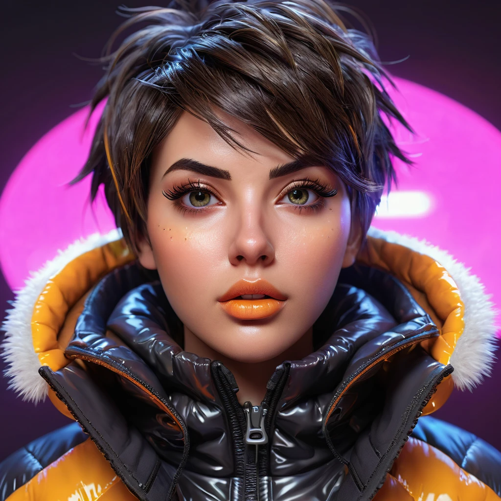 Tracer from Overwatch, trapped inside her fully zipped, super gleamy, overfilled, overinflated, thick, glossy puffer jacket, beautiful detailed eyes, beautiful detailed lips, extremely detailed eyes and face, long eyelashes, 8k, realistic lighting, volumetric lighting, cinematic lighting, dramatic lighting, dynamic pose, dramatic expression, neon cyberpunk style, intricate details, hyper-realistic, 3D rendered, highly detailed texture, glossy material, extreme realism, striking colors, vibrant colors, deep shadows, full body shot