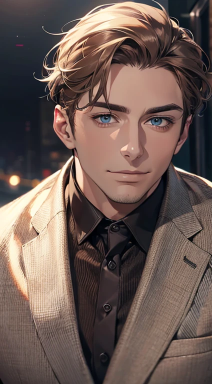 (best quality,4k,8k,highres,masterpiece:1.2),ultra-detailed,(realistic,photorealistic,photo-realistic:1.37),1 man,31 years old,mature man,very handsome,without expression,smile,short grey brown hair,blue eyes,penetrating gaze,perfect face without errors,imposing posture,businessman,office background,cinematic lighting,hdr image