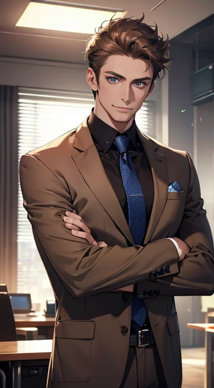 (best quality,4k,8k,highres,masterpiece:1.2),ultra-detailed,(realistic,photorealistic,photo-realistic:1.37),1 man,31 years old,mature man,very handsome,without expression,smile,short grey brown hair,blue eyes,penetrating gaze,perfect face without errors,imposing posture,businessman,office background,cinematic lighting,hdr image