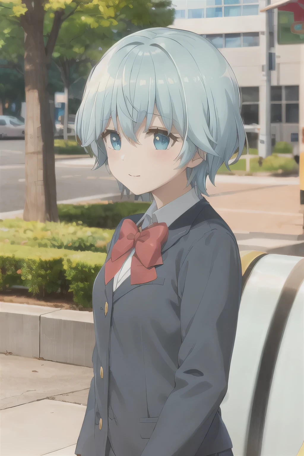 Sailor school uniform,Acting cute,Park seating,Blue Hair