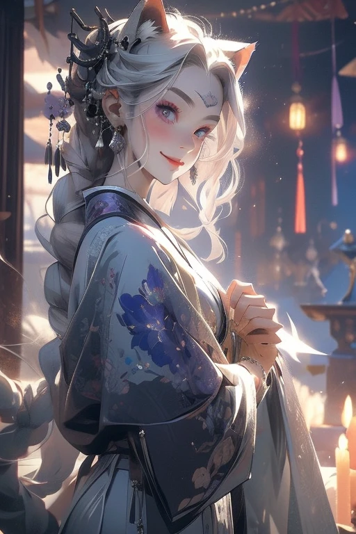 Perfect face. Perfect smile. A young silver hair woman with violet eyes and silver cat ears and a fluffy silver cat tail wearing a Gothic kimono is lighting a candle in a shrine with a big smile