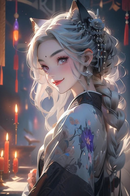 Perfect face. Perfect smile. A young silver hair woman with violet eyes and silver cat ears and a fluffy silver cat tail wearing a Gothic kimono is lighting a candle in a shrine with a big smile