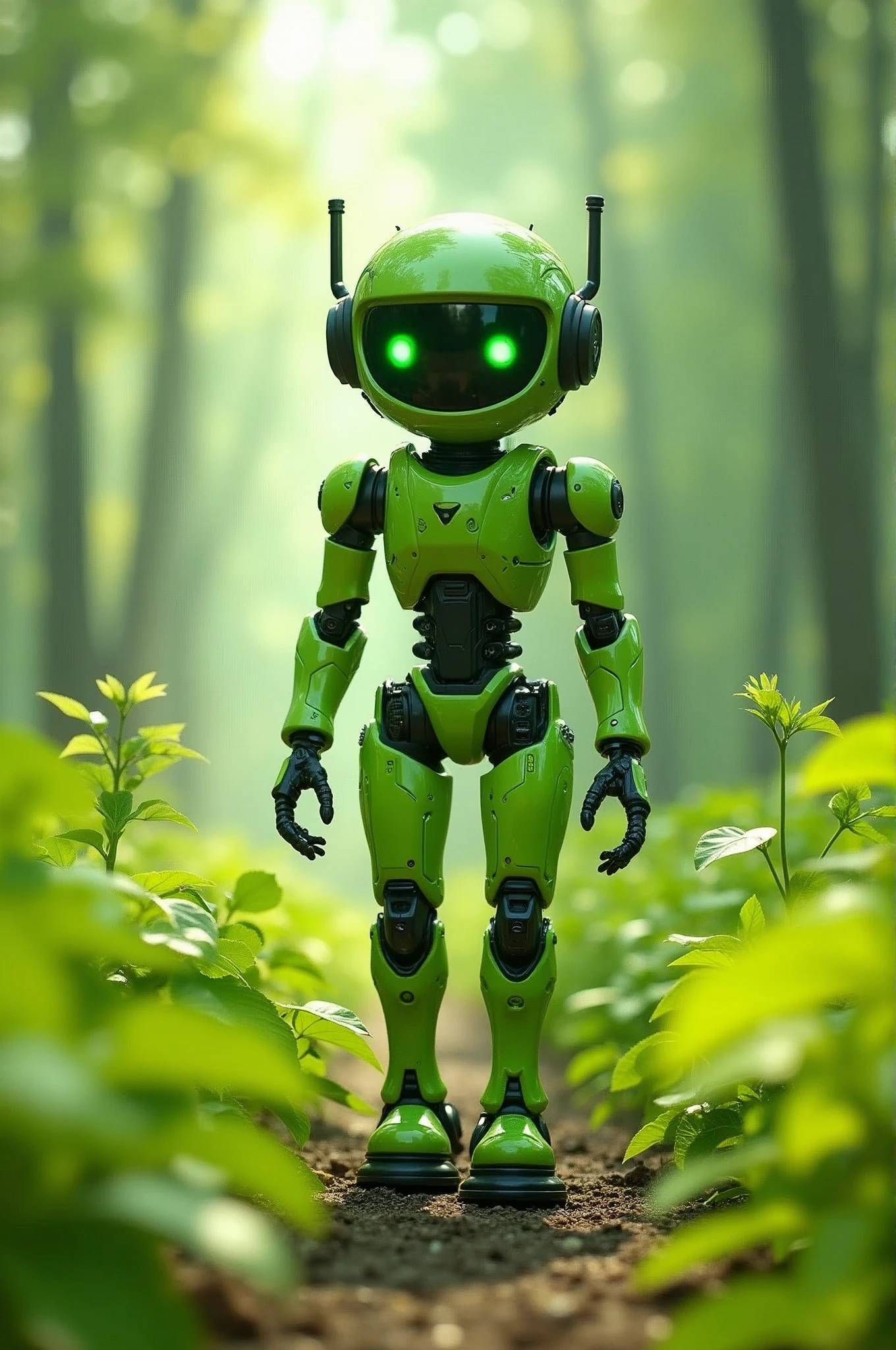 splarpunk, lots of saturated green like spring, sunny, juicy colours. Makke it futuristic, include small robots. Triving place, far distance, detailed