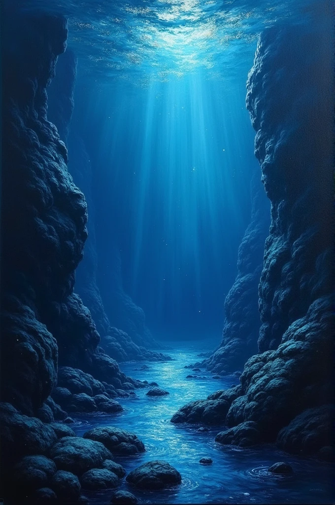 Deep deep sea background. oil painting, the blackened depths, bioluminescence