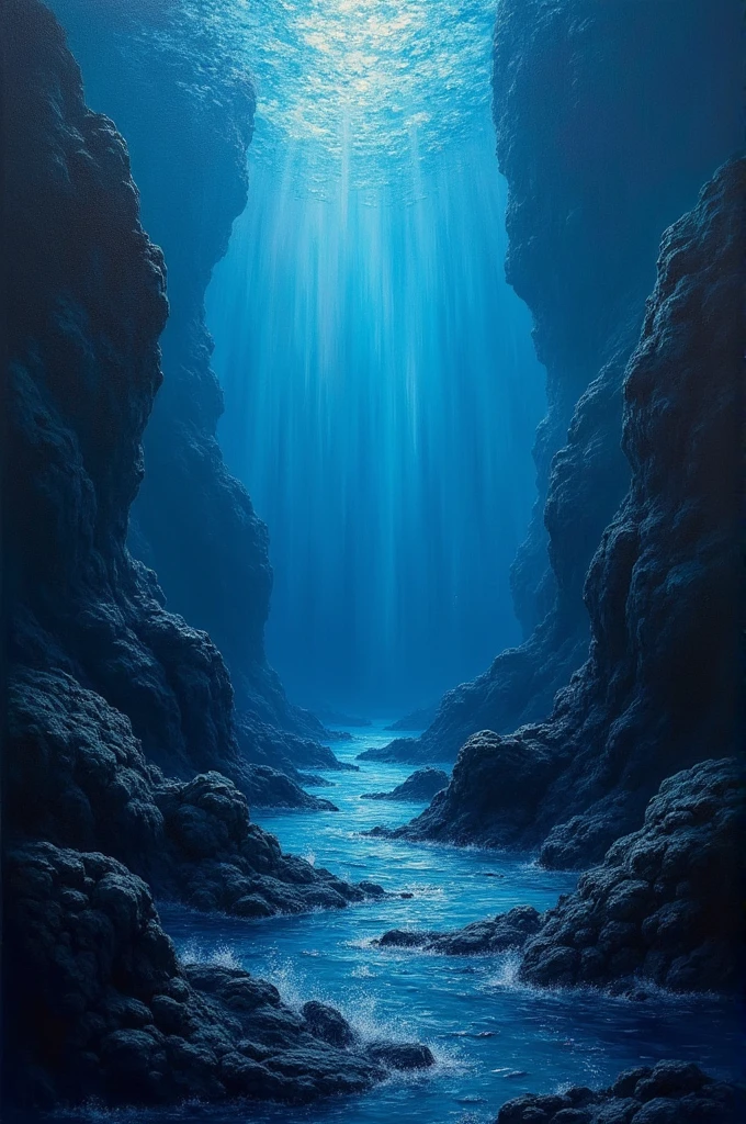 Deep deep sea background. oil painting, the blackened depths, bioluminescence