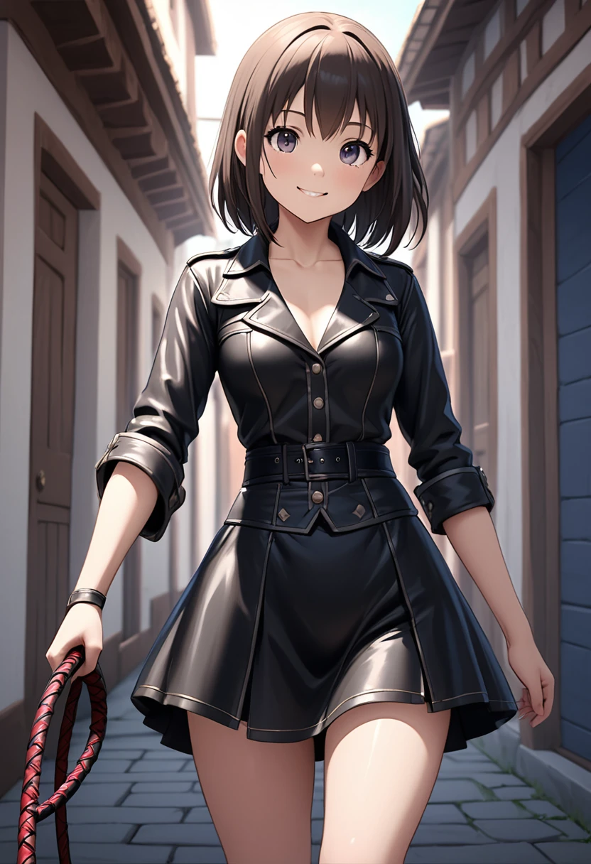 (((Pixel Perfect,Perfect in every detail))), A girl around 15 years old,smile,Cute Costumes,NSWF,A cute leather whip，whip，cinematic，whipを手に持っている，