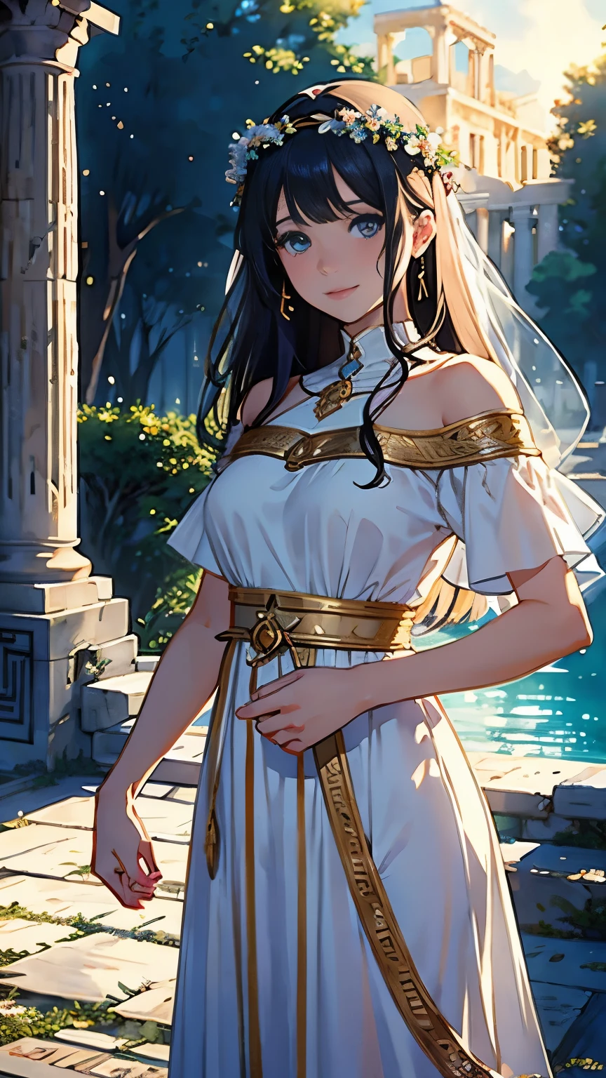 ((Highest quality, masterpiece, High resolution))、((Anime Art))、((Sargent-style watercolor))、((David Hamilton Style))、((Soft Focus))、ancient greek scene 、(greek female bard)、22 years old、((Two Women))、((Two beautiful women hold hands and look at each other))、(Detailed depiction of a beautiful face)、Well-formed eyes and nose、Smiling Kindly、Classic hairstyles、Beautiful appearance、Detailed Description、(Ancient Greek Costume)、(White tunic)、That Greece、Movie-like scene、Cinematic Light、Soft Light、Ray Tracing、(Crescent moon in the starry sky)、greek architecture columns、greek pine、(Nostalgia)、Classic atmosphere、Blur the background、
