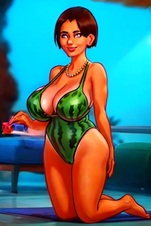 (work of art), best qualityer, expressive eyes, face perfect, 1 girl, breastsout, massive breastsout, standing alone, abdomen, green short hair, pretentious smile, tatsumaki, mature woman, sexly, milf, swimpool, looking ahead at viewer, Calm, full body shot shot, perfects eyes, face perfect, swimsuit wear, bare feet, thicc thighs, neckleace, sfm, (watermelon print:1.2) 比基尼,