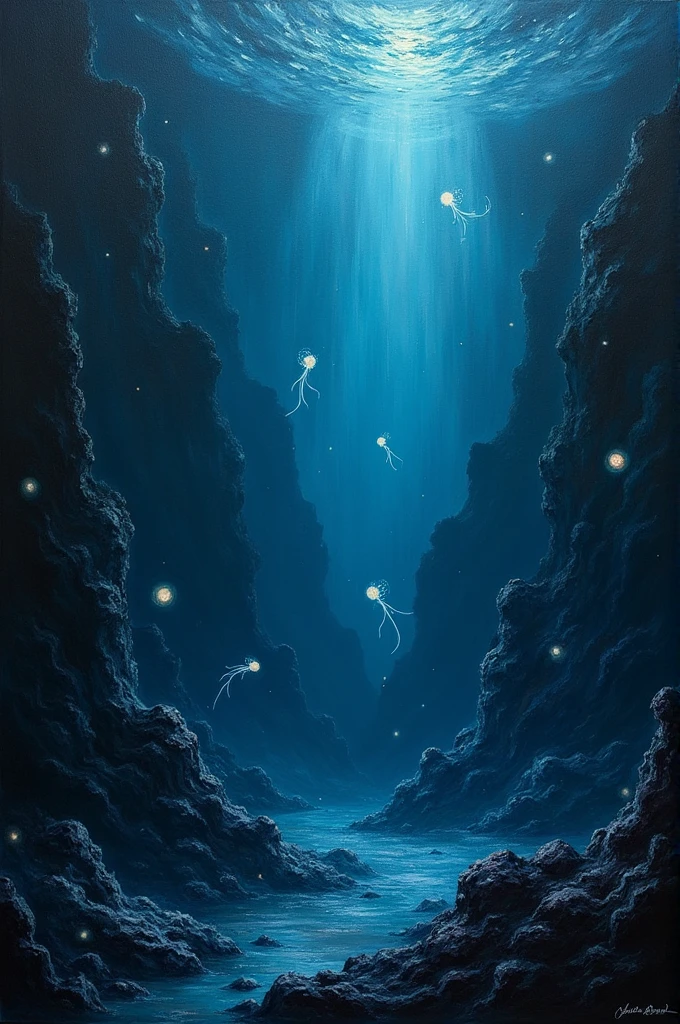 Deep deep sea background. oil painting, the blackened depths, bioluminescence