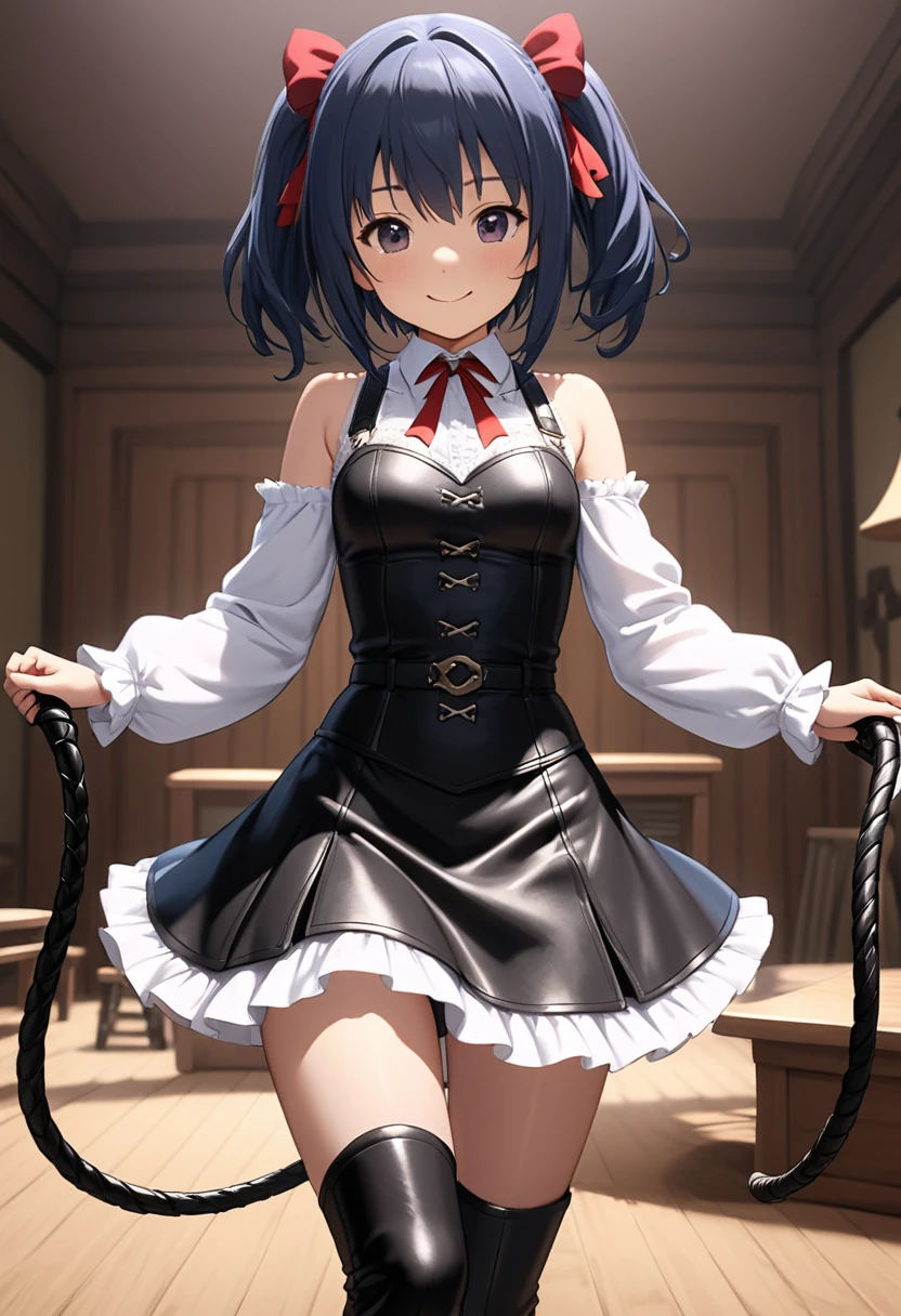 (((Pixel Perfect,Perfect in every detail))), A girl around 15 years old,smile,Cute Costumes,NSWF,A cute leather whip,whip,cinematic,whipを手に持っている,