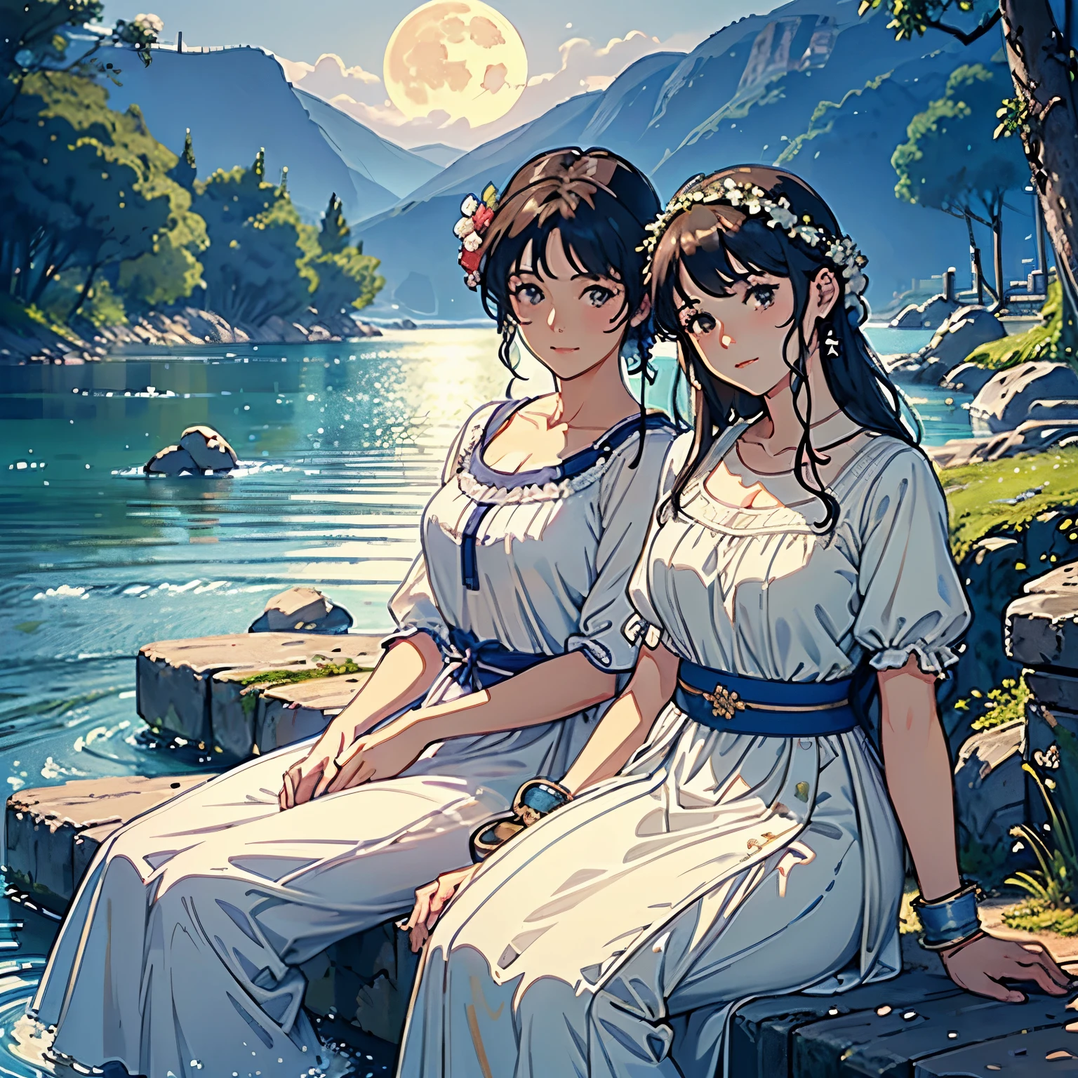 (Highest quality、High resolution、masterpiece)、4K Anime Art、(two women are sitting on a rock in the river、Facing each other、whole body、18-year-old)、(ancient greek scene) 、(Detailed depiction of a beautiful face)、Put your hair up、Captivating smile、(Ancient Greek Clothing、White tunic)、Movie Scenes、Soft Light、Ray Tracing、Soft Focus、greek architecture columns、greek pine、Blur the background、(Full moon in the night sky:1.2)、(Edmund Leighton Style)、(alma tadema style)、(David Hamilton Style)、(Sergeant Style)、