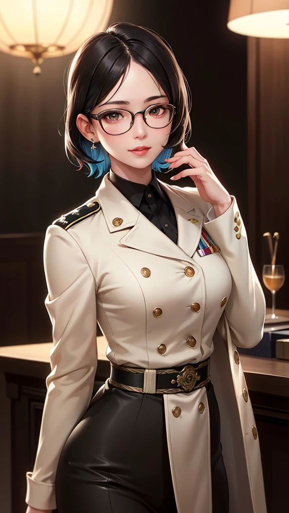highest resolution,woman,small size,black hair,double braid hairstyle,bang bang,green eyes,red glasses,in formal dress,uniform,white coat,sexy dress,make a dark face, warship, aircraft carrier, in the future, science fiction, warplane, space, war warfare, semi-realistic, realistically detailed, woman, petite, black hair, short bob haircut, bangs ,black eyes,government clothing,uniform,white coat outerwear,red inner attire,underwear,serious face,serious,air force,war,government agency,war,science fiction,space
