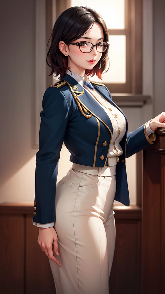 Beautiful young girl with blue short hair, A light smile, Brown eyes, hair clips, lips, Stud earrings, Semi-rimless eyewear, , Big butt but small breasts, (Highest quality,4K,8K,High resolution,masterpiece:1.2),Very detailed,(Realistic,photoRealistic,photo-Realistic:1.37),Very detailed顔, Very detailed目と顔, Long eyelashes, Beautiful attention to detail, beautiful detailed lips, Concept Art, Cinema Lighting, Vibrant colors, a beautiful girl in military uniform,short wavy hair,glasses,busty,detailed face,beautiful eyes,beautiful lips,highly detailed,photorealistic,8K,masterpiece,studio lighting,dynamic pose,intricate details,dramatic lighting,cinematic atmosphere,vibrant colors,elegant,powerful,confident((Women's military uniform、Formal wear))