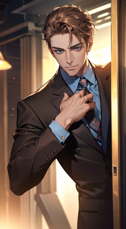 (best quality,4k,8k,highres,masterpiece:1.2),ultra-detailed,(realistic,photorealistic,photo-realistic:1.37),1 man,31 years old,mature man,very handsome,without expression,smile,short grey brown hair,blue eyes,penetrating gaze,perfect face without errors,imposing posture,businessman,office background,cinematic lighting,hdr image