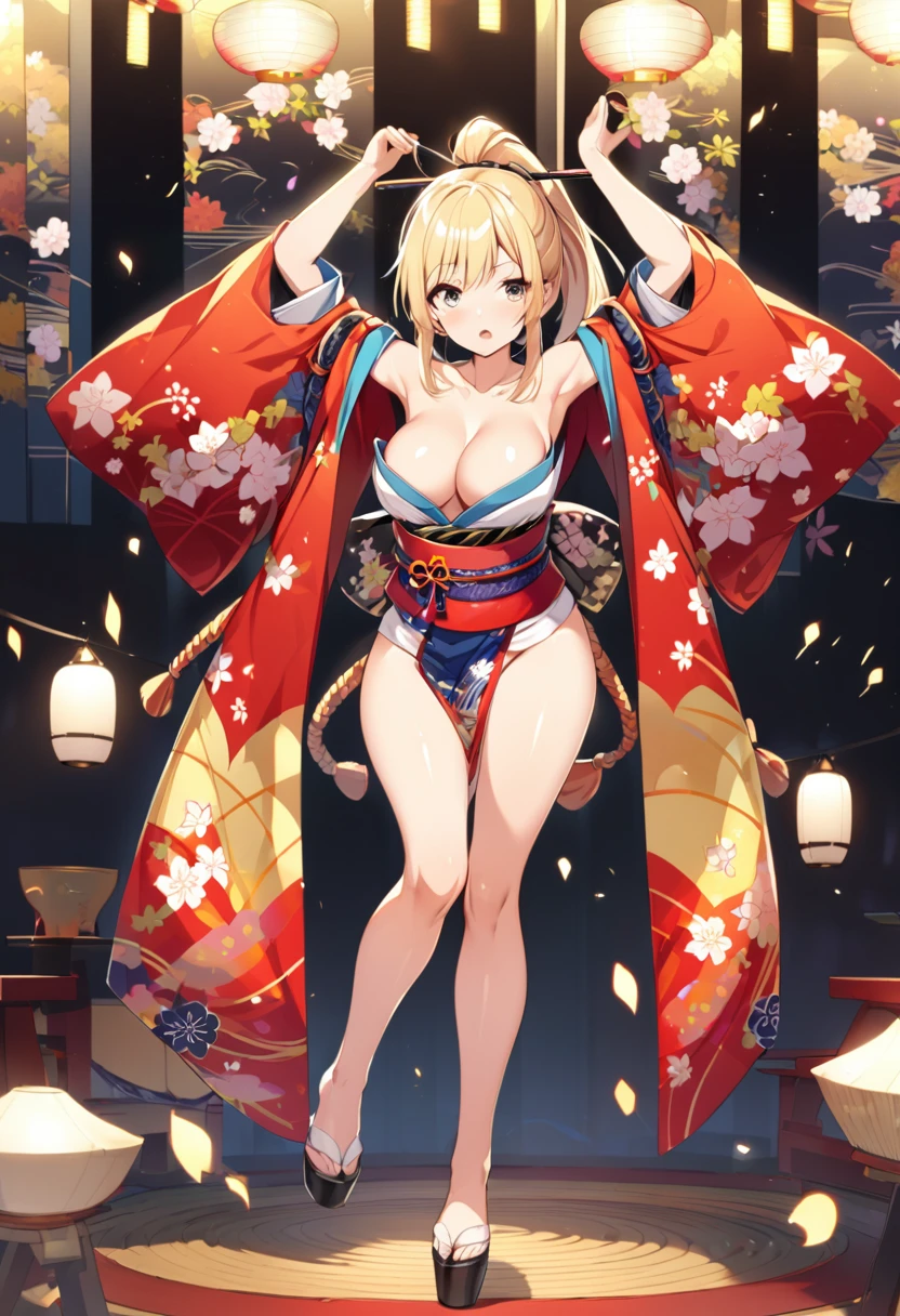 One girl, medium long hair, blonde, blue eyes, youthful appearance, slightly large breasts, (slightly large breasts: 1.4), cleavage, exposed shoulders, brown eyes, standing, collarbone, full body, ponytail, thighs, open lips, kimono, shiny, arms up, shiny hair, shiny skin, open bangs, obi, high ponytail, revealing clothing, rope, pelvic curtain, ninja