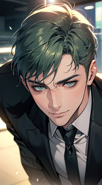 (best quality,4k,8k,highres,masterpiece:1.2),ultra-detailed,(realistic,photorealistic,photo-realistic:1.37),1 man,31 years old,mature man,very handsome,without expression,smile,short grey green hair,blue eyes,penetrating gaze,perfect face without errors,imposing posture,businessman,office background,cinematic lighting,hdr image