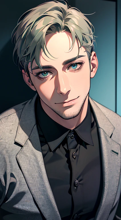 (best quality,4k,8k,highres,masterpiece:1.2),ultra-detailed,(realistic,photorealistic,photo-realistic:1.37),1 man,31 years old,mature man,very handsome,without expression,smile,short grey green hair,blue eyes,penetrating gaze,perfect face without errors,imposing posture,businessman,office background,cinematic lighting,hdr image