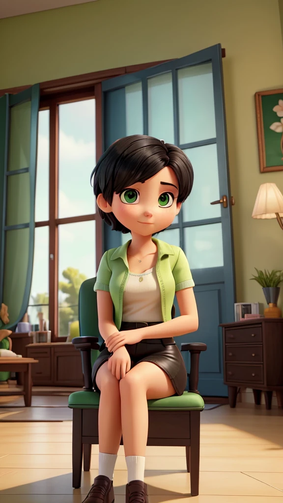 a young woman with short black hair. green eyes. She is sitting on the armchair in the living room and has her cell phone in her hands and looking at it. She wears a mini skirt and a top. the weather is spring. she is happy.