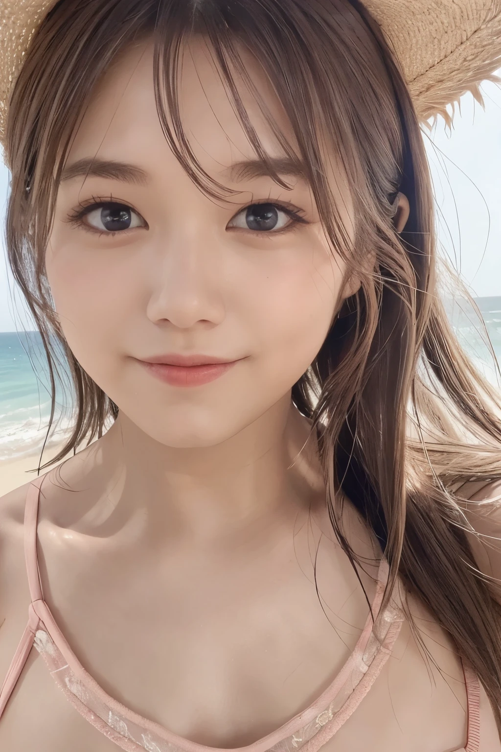 realistic, photogenic, full-body footage, with the sea in the background, wearing deep pink swim wear, medeum-length hair, hair color mixes bronde and brown, hair is blowing in the wind, hair is shaggy and dishevelled, very sunburned and tanned skin, medium build a little bit chubbily figure, exposed widely at chest of swim wear, no makeup, small mouth, small nose, smooth shaped jawline, glossy face, heavy flushed cheeks, big smile while open mouth, looks like having a great time, easing someone, detailed eyes, slanted eyebrows, detailed lips, photorealistic, highly detailed, 8k, best quality, masterpiece, vibrant colors, dramatic lighting, cinematic composition, digital art