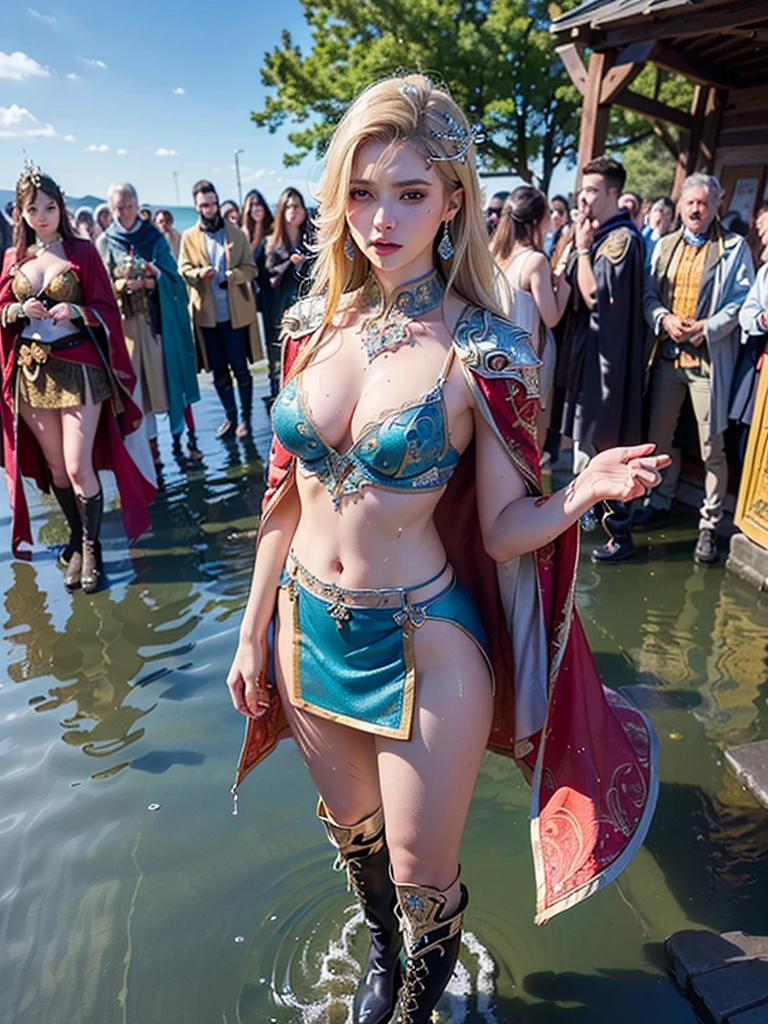 (((masterpiece, best quality))), (((high quality))), (((high resolution illustration))), (((hyper detail))),(((NSFW))), (((Wordsworth's Sharon))),(((Very beautiful long blonde hair))), (((Very beautiful face))), ((((Detailed face)))),(((very beautiful blue eyes))),(((Realistic Skin))),(((her face is flushed))),(((slim body))),(((slim thighs))),(((small breasts))),(((very beautiful slender legs))),(((platinum armor with extremely detailed and intricate decoration that shows her cleavage))),(((A skirt with extremely detailed and intricate decoration))),(((Boots with extremely detailed and intricate decoration))),(((A cloak with very detailed and intricate decoration))),(((beautiful earrings))),(((beautiful hair ornaments))),(((at the very beautiful sea))),(((wet her skin))),(((1girl))),(((many boys))),(((saliva))),(((very angry))),(((standing)))