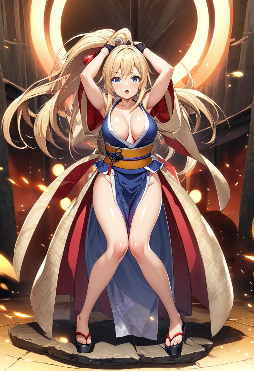 One girl, medium long hair, blonde, blue eyes, youthful appearance, slightly large breasts, (slightly large breasts: 1.4), cleavage, exposed shoulders, brown eyes, standing, collarbone, full body, ponytail, thighs, open lips, kimono, shiny, arms up, shiny hair, shiny skin, open bangs, obi, high ponytail, revealing clothing, rope, pelvic curtain, ninja