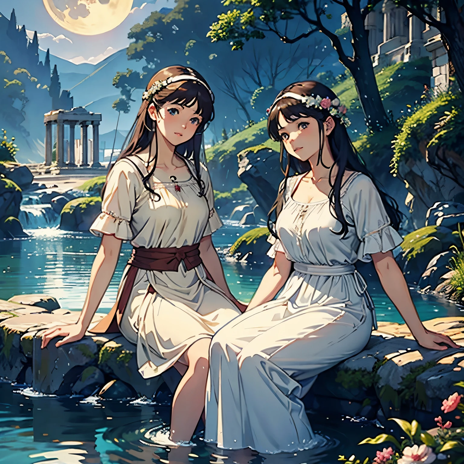 (Highest quality、High resolution、masterpiece)、4K Anime Art、(two women are sitting on a rock in the river、Facing each other、whole body、18-year-old)、(ancient greek scene) 、(Detailed depiction of a beautiful face)、Put your hair up、Captivating smile、(Ancient Greek Clothing、White tunic)、Movie Scenes、Soft Light、Ray Tracing、Soft Focus、greek architecture columns、greek pine、Blur the background、(Full moon in the night sky:1.2)、(Edmund Leighton Style)、(alma tadema style)、(David Hamilton Style)、(Sergeant Style)、